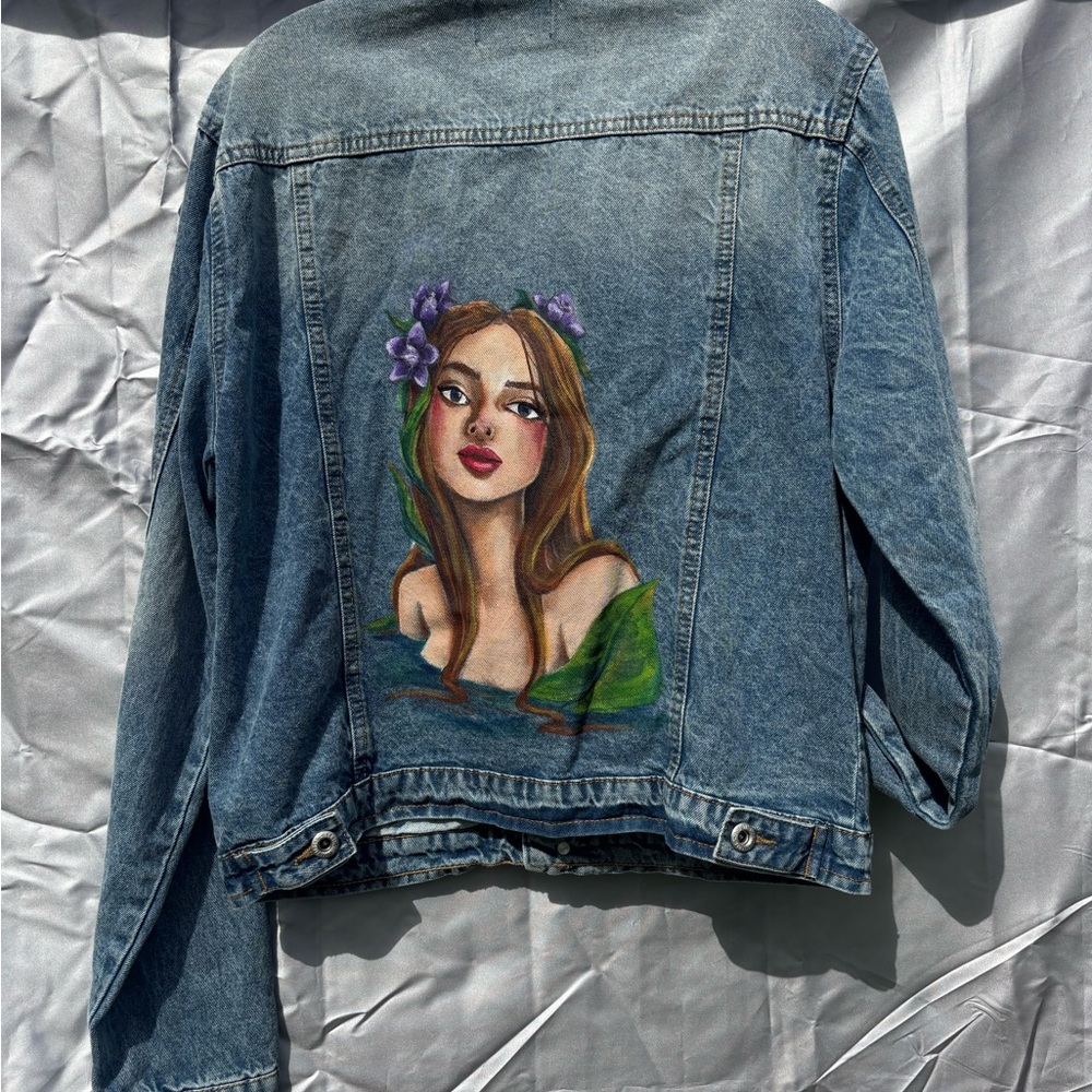 Custom hand-painted denim jacket. Fully washable. Forest nymph